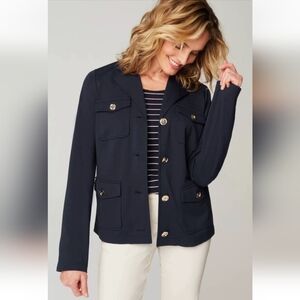 J. Jill Wearever Button Front Jacket Pockets Navy Blue Sz M Career Classic